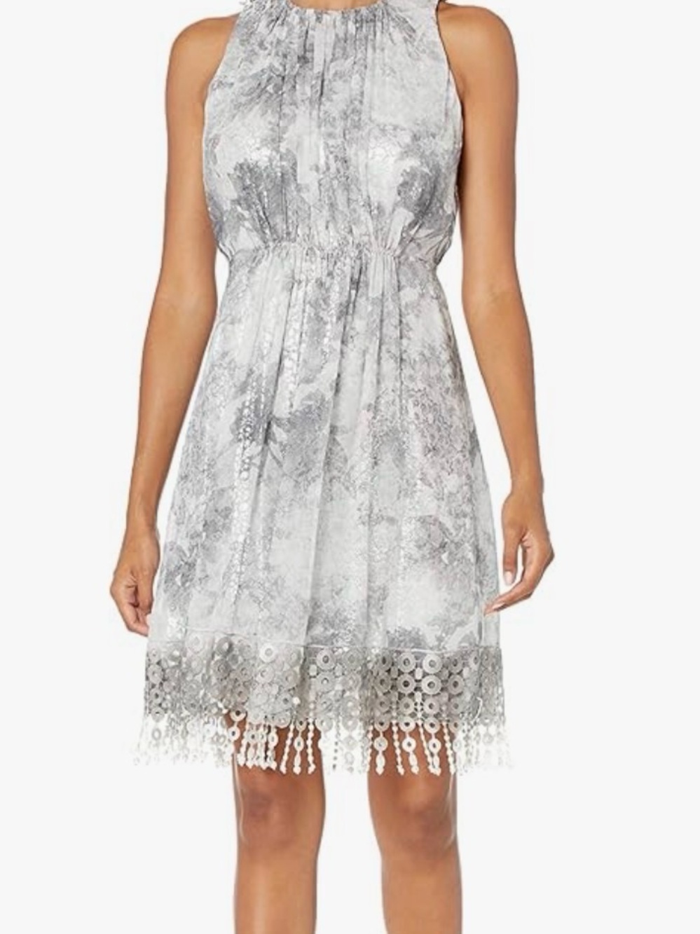 Sleeveless Gray Lace-Hem Midi Dress